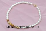 CFN409 9-10mm rice white freshwater pearl & golden tiger eye necklace