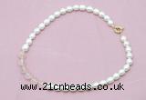 CFN414 9 - 10mm rice white freshwater pearl & rose quartz necklace