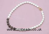 CFN416 9 - 10mm rice white freshwater pearl & smoky quartz necklace