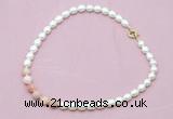 CFN417 9 - 10mm rice white freshwater pearl & pink opal necklace