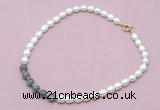 CFN418 9 - 10mm rice white freshwater pearl & labradorite necklace