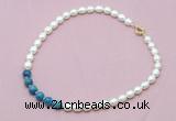 CFN419 9 - 10mm rice white freshwater pearl & apatite necklace