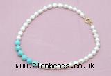 CFN422 9 - 10mm rice white freshwater pearl & blue howlite necklace wholesale