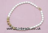 CFN425 9 - 10mm rice white freshwater pearl & yellow crazy lace agate necklace