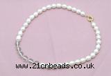 CFN431 9 - 10mm rice white freshwater pearl & white crystal necklace