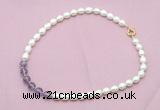 CFN432 9 - 10mm rice white freshwater pearl & amethyst gemstone necklace
