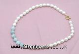 CFN435 9 - 10mm rice white freshwater pearl & aquamarine gemstone necklace