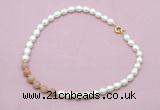 CFN436 9 - 10mm rice white freshwater pearl & moonstone gemstone necklace