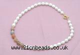 CFN437 9 - 10mm rice white freshwater pearl & rainbow moonstone necklace