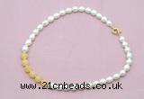 CFN442 9 - 10mm rice white freshwater pearl & honey jade necklace