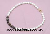 CFN446 9 - 10mm rice white freshwater pearl & bronzite gemstone necklace