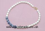 CFN450 9 - 10mm rice white freshwater pearl & blue spot stone necklace