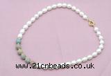 CFN457 9 - 10mm rice white freshwater pearl & serpentine jasper necklace