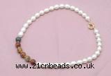 CFN460 9 - 10mm rice white freshwater pearl & picasso jasper necklace