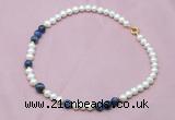 CFN508 Potato white freshwater pearl & sodalite necklace, 16 - 24 inches
