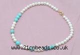 CFN519 9mm - 10mm potato white freshwater pearl & blue howlite necklace