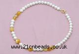 CFN522 9mm - 10mm potato white freshwater pearl & yellow banded agate necklace