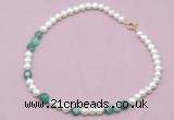 CFN524 9mm - 10mm potato white freshwater pearl & green banded agate necklace