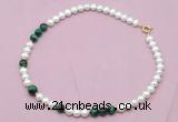 CFN528 9mm - 10mm potato white freshwater pearl & green tiger eye necklace