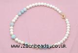 CFN535 9mm - 10mm potato white freshwater pearl & aquamarine necklace