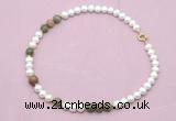 CFN547 9mm - 10mm potato white freshwater pearl & unakite gemstone necklace