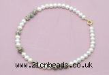 CFN552 9mm - 10mm potato white freshwater pearl & feldspar necklace