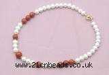 CFN561 9mm - 10mm potato white freshwater pearl & red jasper necklace