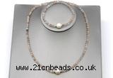 CFN603 4mm faceted round rainbow moonstone & potato white freshwater pearl jewelry set