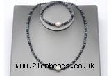 CFN629 4mm faceted round snowflake obsidian & potato white freshwater pearl jewelry set