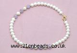 CFN703 9mm - 10mm potato white freshwater pearl & lavender amethyst necklace