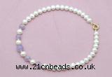 CFN705 9mm - 10mm potato white freshwater pearl & lavender amethyst necklace