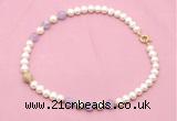 CFN709 9mm - 10mm potato white freshwater pearl & lavender amethyst necklace