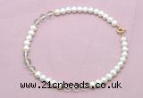 CFN710 9mm - 10mm potato white freshwater pearl & white crystal necklace