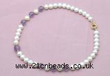 CFN712 9mm - 10mm potato white freshwater pearl & amethyst necklace