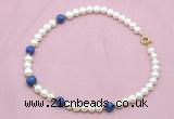 CFN724 9mm - 10mm potato white freshwater pearl & lapis lazuli necklace