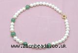 CFN726 9mm - 10mm potato white freshwater pearl & green aventurine necklace