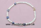 CFN742 9mm - 10mm potato white freshwater pearl & blue spot stone necklace