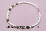 CFN745 9mm - 10mm potato white freshwater pearl & unakite necklace