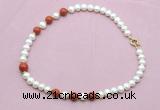 CFN755 9mm - 10mm potato white freshwater pearl & red jasper necklace