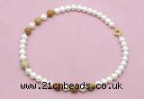 CFN758 9mm - 10mm potato white freshwater pearl & wooden jasper necklace