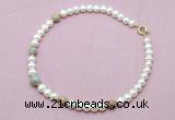 CFN761 9mm - 10mm potato white freshwater pearl & serpentine jasper necklace