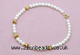 CFN765 9mm - 10mm potato white freshwater pearl & golden tiger eye necklace