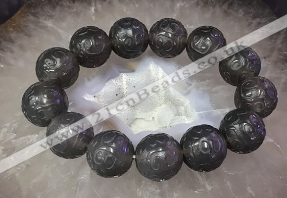 CGB3000 7.5 inches 17mm - 18mm carved round grey agate bracelet