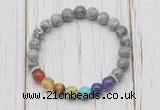 CGB6234 8mm grey picture jasper 7 chakra beaded mala stretchy bracelets