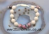 CGB6672 10mm round white fossil jasper & rhodonite adjustable bracelets