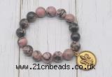 CGB6843 10mm, 12mm rhodonite beaded bracelet with alloy pendant