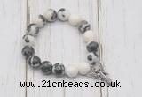 CGB6884 10mm, 12mm black & white jasper beaded bracelet with alloy pendant