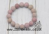 CGB6900 10mm, 12mm matte pink wooden jasper beaded bracelet with alloy pendant