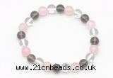 CGB8001 8mm white crystal, rose quartz & smoky quartz beaded stretchy bracelets