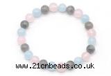 CGB8006 8mm aquamarine, labradorite & rose quartz beaded stretchy bracelets